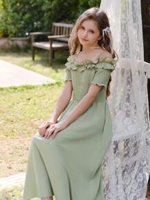 SHEIN Tween Girls Elegant Sage Green Summer Party Dress,Strapless Off Shoulder Tulle Puff Sleeve Bow Formal Short Dresses For Vacation Spring Wear - Green - View 5