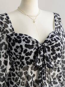 Soleia Plus Size Women Babydoll Top, Leopard & Floral Print Square Neck Tie-Up Long Sleeve Shirt, For Vacation, Graduation, Back To School Wear, Fall
