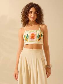 CAJUNI Regata Feminina Boho Estampa Divertida Tropical Colorida com Cadarço, Regata Casual de Praia Verão para Férias - Multicolorido - Visão 3