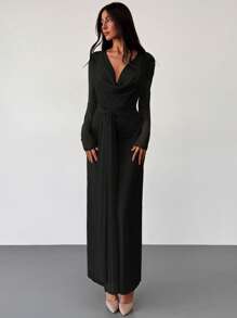 Aloruh 紧身低胸垂坠领长袖网眼杏色连衣裙，适合约会和场合的浪漫装扮