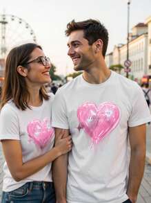 Manfinity Homme Men's INS Versatile Red Heart Design Short Sleeve Button-Up Shirt,White And Pink,Summer,Casual,Dates,Valentine's Day Couple Matching,New Year Gift - White - View 1