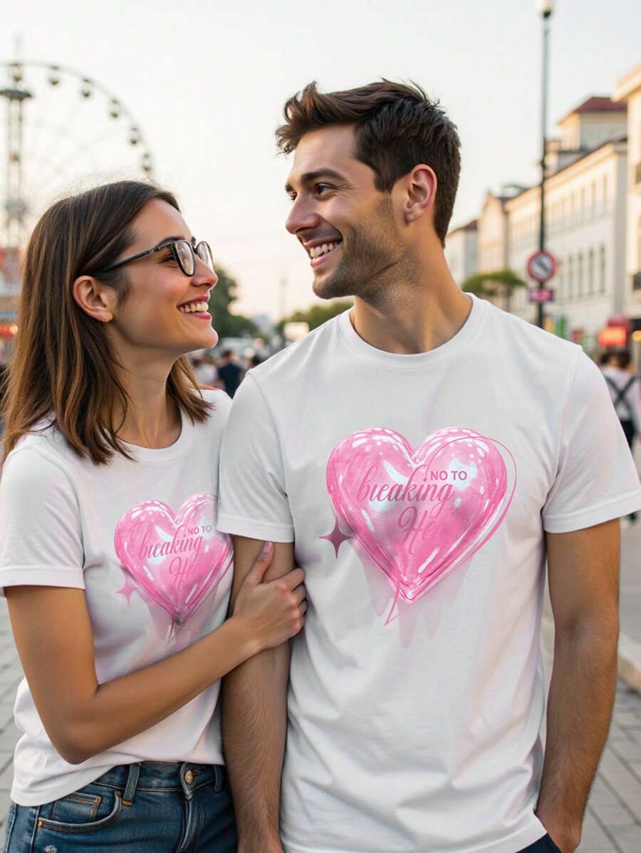 Manfinity Homme Men's INS Versatile Red Heart Design Short Sleeve Button-Up Shirt,White And Pink,Summer,Casual,Dates,Valentine's Day Couple Matching,New Year Gift - White - View 1