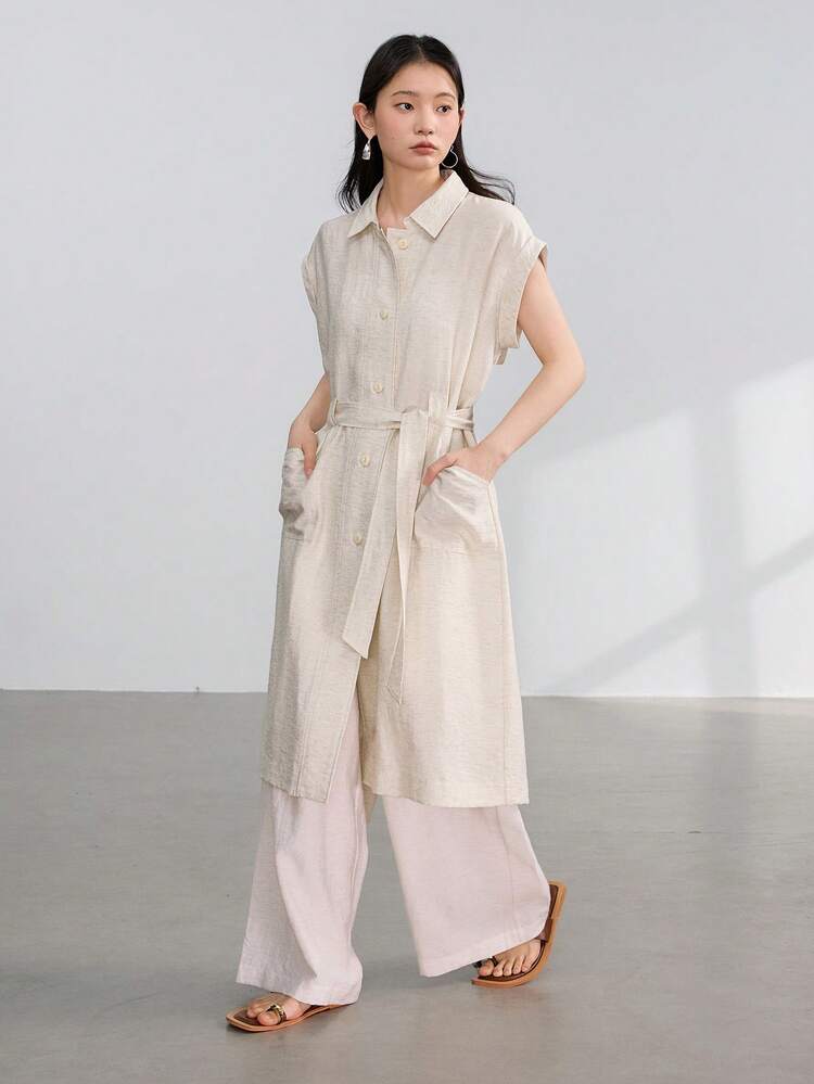 Women's Casual Loose Simple Elegant Drawstring Long Shirt & Pants 2pcs Set Linen Business Casual Woman Work Clothes