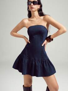 LYSMO 女式新款露肩花朵花边迷你牛仔连衣裙 - 深色水洗藍 - 查看 5