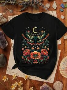 SHEIN LUNE Áo thun hình con bướm với những bông hoa đầy màu sắc và mặt trăng, áo thun Butterfly Vibe, phong cách thời trang cổ điển, phù hợp cho mùa xuân và mùa hè - màu đen - Xem 1