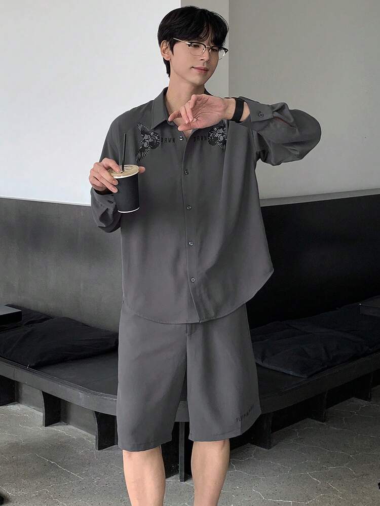 Grey Casual Letter Printed Men's Shirt Set, Autumn