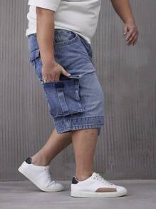 Manfinity Homme Plus Size Men's Cargo Pocket Wide Leg Casual Denim Shorts - Medium Wash - View 6