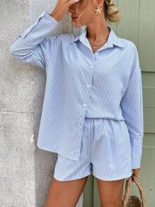 SHEIN LUNE Bộ 2 quần short và áo sơ mi phong cách thủy thủ sọc xanh thường ngày cho ngày lễ mùa hè - Màu xanh lam - Xem 5