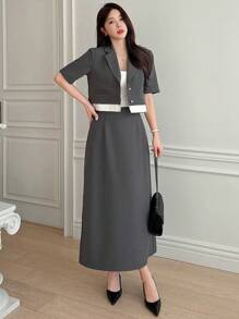 DAZY 女士两件套西装 - 撞色拼接短袖外套和半裙套装，秋季商务装 - 深灰色 - 查看 3