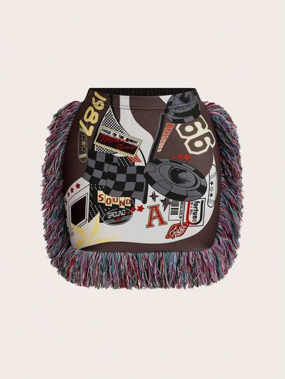 Slaydiva 女士印花流苏包臀复古休闲时尚迷你裙