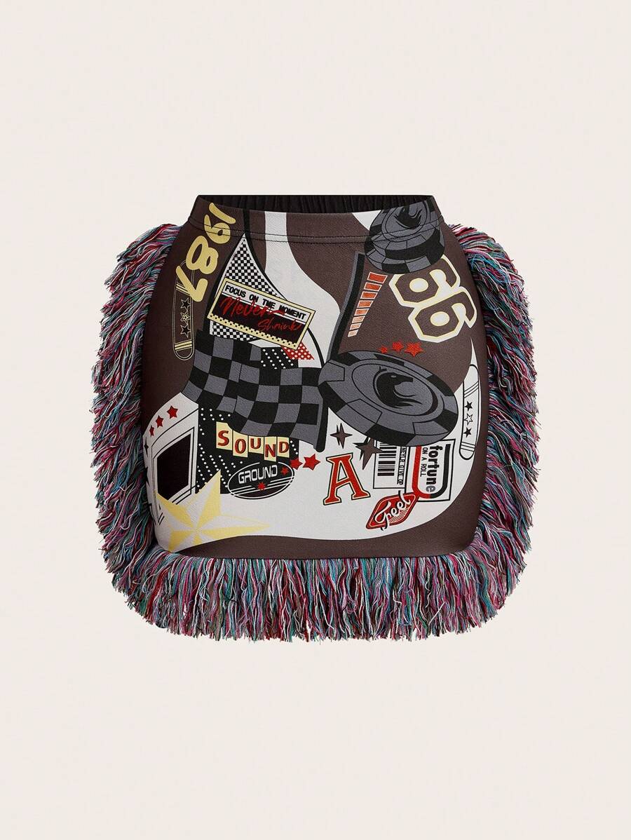 Slaydiva 女士印花流苏包臀复古休闲时尚迷你裙 - 彩色 - 查看 1