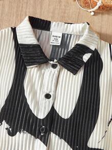 SHEIN Baby Girl Cute Zebra Print Pleat Shirt And Shorts Set, Summer - Black and White - View 4