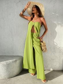 SHEIN VCAY Women's Summer Avocado Green Solid Color Holidaya Split Hem Longline Tube Top & Pants Fashionable Set Minimalist Casual Daywear Matching Sets Women Two Pieces Set Women Vacation Outfits Woman Summer Outfits For Women Valentines Going Out Vacation Sets For Women Festival Boho - Lime Green - View 4