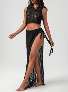 Swim EVENT 女式优雅无袖黑色针织背心和系带前开衩裙两件套海滩度假套装