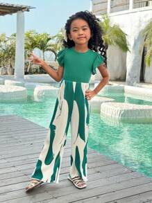 Young Girl's Vacation Casual Fashion Knit Patchwork Ditsy Floral Round Neck Cap Sleeve Jumpsuit