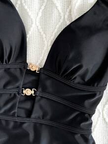 Swim Basics Springbreak Women Halter Neck High Cut Hollow Back One-Piece Swimsuit Festival Boho Summer Beach Vacation Wear