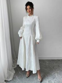 Modelyn 女士优雅 A 字腰链提花编织连衣裙 - 杏色 - 查看 7