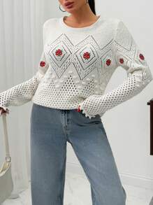 RueChic WOMEN Flower Embroidered Seasonless Diamond Patterned Bobble Knit Sweater - White - View 3