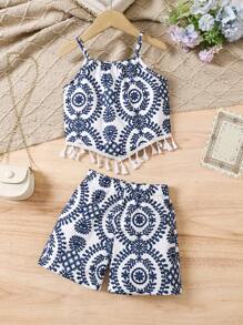 Conjunto de 2 piezas con top de tirantes y shorts con estampado integral y flecos para niña casual