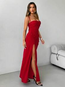 Aloruh Women's Elegant Romantic Holiday Dress 3D Three-Dimensional Flower Suspender Dress Sexy Wedding Season Dress Easter Birthday Party Dress Valentine's Day Red High Slit Flower Decorated Suspender Dress Long Dress Bodycon Dress Outfit