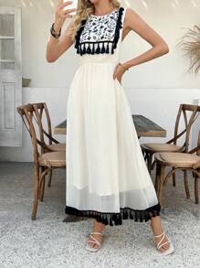 Chiquease Women's Round Neck Chiffon Fabric Contrast Floral Embroidered Tassel Decor Cinched Waist Comfortable Elegant Sweet Vacation Dress - Beige - View 5