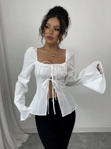 Elenzga Women's Spring New Solid Color Vintage Slash Neck Pleated Patchwork Hollow Out Tie Long Sleeve Flare Sleeve Fitted A-Line Minimalist Elegant Casual Vacation Date Blouse Fall Cloth For Women - White - View 3