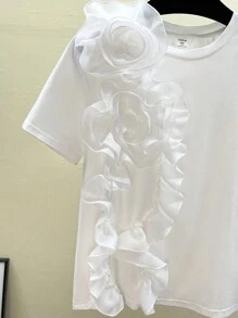 SHEIN Leap Crew Teen Girls' Spring & Summer White Knit Patchwork Loose Elegant Floral Decor Casual T-Shirt, Suitable For Resort Wear - White - View 8