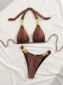 SHEIN Swim 女士 2 件套泳衣套装，性感优雅复古吊带露背系带前开襟纯色金属外壳装饰泳衣适合夏季海滩度假 - 咖啡棕 - 查看 7