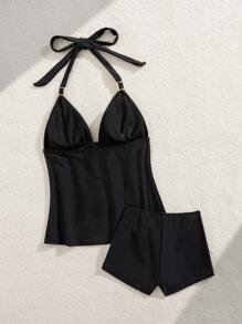 Swim Basics Summer Women's Black Elegant Vintage Soft Cup Backless Halter Tankini Set With Gold Ring Decor - Black - View 7