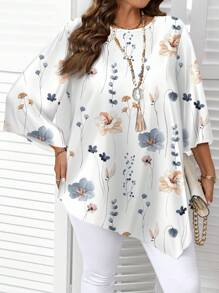 EMERY ROSE Casual Minimalist Ditsy Floral All-Over Print Plus Size Shirt, Spring/Autumn Blouses For Women Elegant Shirts Women Blouses Spring Blouses For Women Autumn And Winter Chic Blouses For Women - Multicolor - View 5