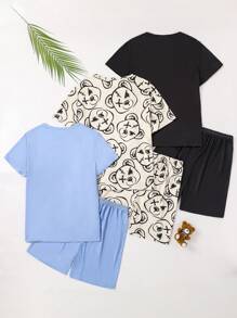 Set da 3 pezzi di maglietta a maniche corte e pantaloncini con motivo di orsetti cartoni animati, comodi, adatti per bambini più grandi