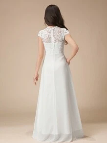 Đầm dài tay ngắn bằng satin bóng, phối ren, dành cho bé gái tuổi teen, thanh lịch và cao cấp, thích hợp làm phù dâu, dự đám cưới, tiệc sinh nhật hoặc biểu diễn. - trắng - Xem 2