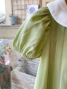 SHEIN Baby Girl Cute Green Peter Pan Collar Bow Short Sleeve Dress For Summer - Green - View 5