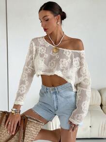 SHEIN Essnce 女士纯色长袖休闲镂空透明衬衫 - 白色 - 查看 2