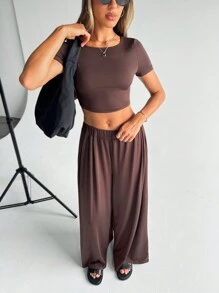SHEIN Essnce Summer Simple Short Sleeve Tee & Wide Leg Pants Two Pieces Outfit - Coffee Brown - View 6
