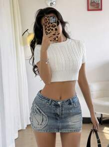 Chiquease Casual Fitted Hem Round Neck Short Sleeve Textured Knit Top, Spring Autumn