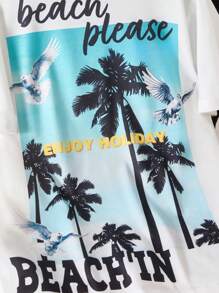 SHEIN Boys Tropical Coconut Tree Print Round Neck Short Sleeve T-Shirt, Spring/Summer - White - View 2