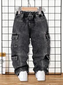 男孩幼儿宽松直筒双口袋洗水黑灰色牛仔裤，休闲百搭校园风格