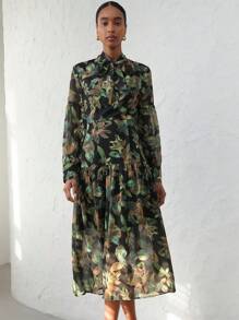 Aveloria Modichic Elegant Chiffon Contrast Color Floral Print Bowknot Waist Maxi Flared Dress For Women Fall Cloth For Women