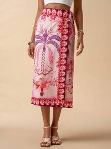 SHEIN TRVLCHIC Váy midi buộc dây phía trước in họa tiết nhiệt đới cho nữ, phong cách đi nghỉ - Hồng - Xem 1