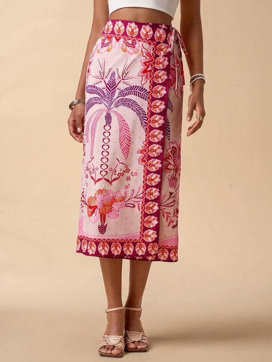 SHEIN TRVLCHIC Váy midi buộc dây phía trước in họa tiết nhiệt đới cho nữ, phong cách đi nghỉ - Hồng - Xem 1