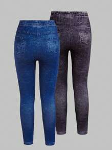 2pcs/Set Young Girl Cute Rainbow Bow Letter Print Knit Jeggings Leggings - Multicolor - View 2