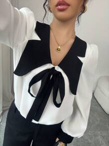 Modelyn 女士纯色对比色 V 领蝴蝶结长袖衬衫 - 杏色 - 查看 6