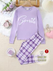 2pcs/Set Teen Girls Purple Minimalist Fashion Letter Print Long Sleeve Top And Plaid Leggings Snug Fit Loungewear - Purple - View 1