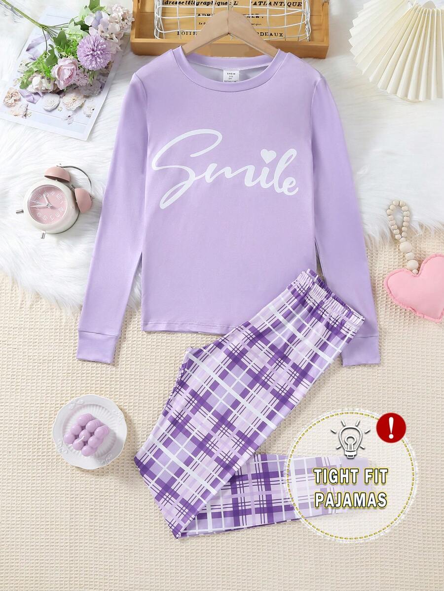 2pcs/Set Teen Girls Purple Minimalist Fashion Letter Print Long Sleeve Top And Plaid Leggings Snug Fit Loungewear - Purple - View 1