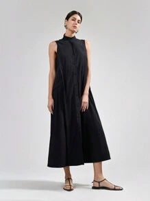 Ontre Robe décontracté ample et confortable à boutons devant sans manches, couleur unie, style urbain chic, convient pour le trajet domicile-travail - Noir - Voir 4