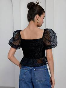 GENKIRA 女士优雅圆点欧根纱泡泡袖镂空腰部衬衫 - 黑色 - 查看 2