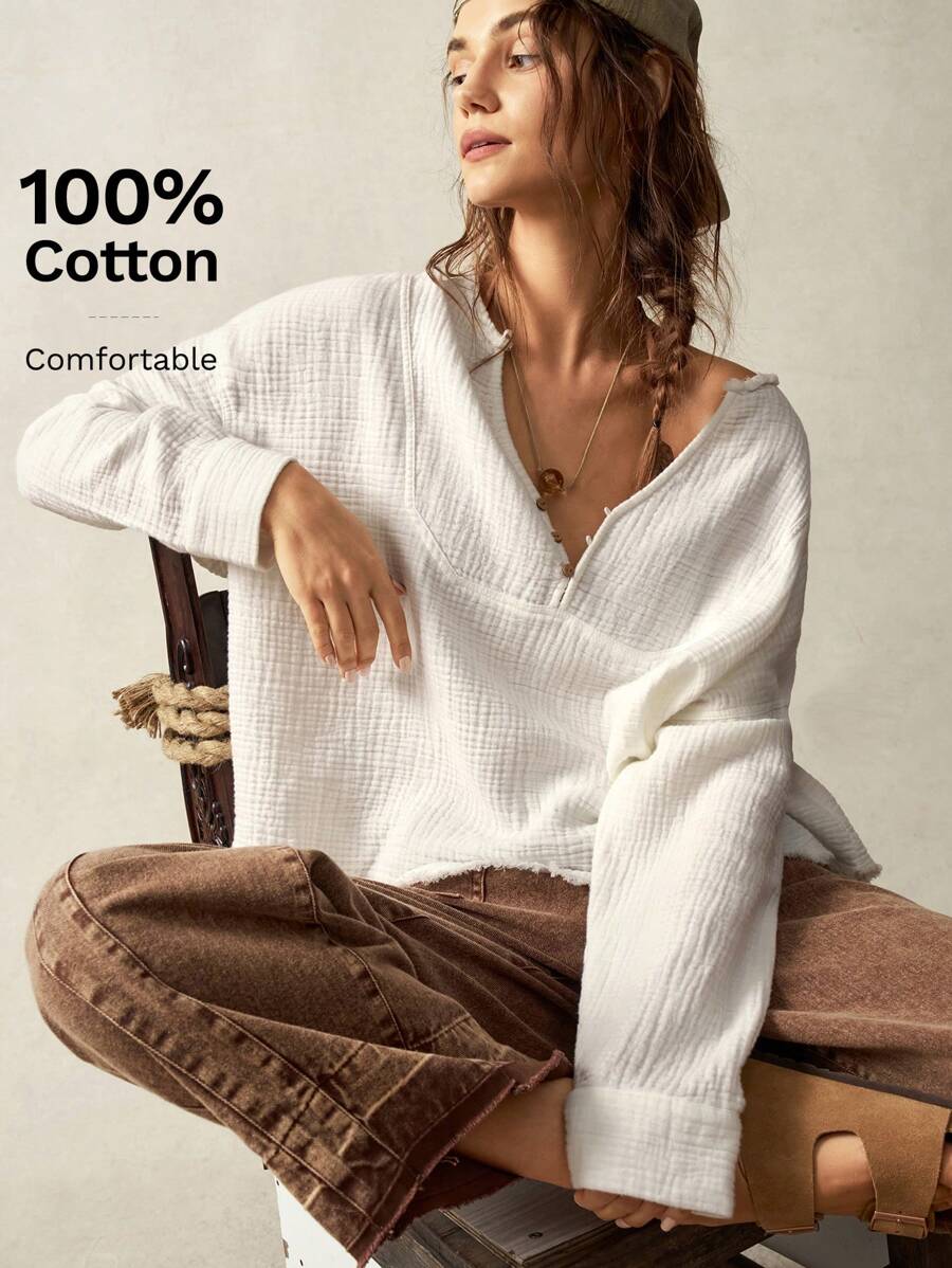 Bohemela Casual Loose V-Neck Drop Shoulder Long Sleeve Woven Blouse For Women - White - View 1