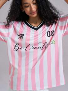 Easelle 条纹印花 V 领落肩袖女式 T 恤