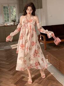 DAZY Floral Print Off Shoulder Ruffle Hem Midi Dress For Women,Fall Dress Long Sleeve Dress Boho Vacation Outfits Women - Pink - View 3